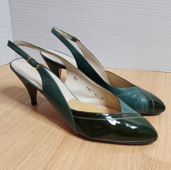 Vintage Johnston & Murphy Women's Green Leather Heels Slingback Almond Toe 9.5B - Picture 10 of 14